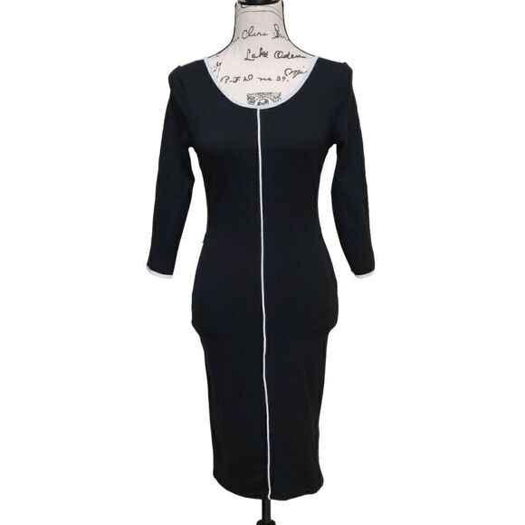 VENUS Black Contrast Trim 3/4 Sleeve Round Neck Keyhole Back Shift Dress Size XS - Picture 1 of 13